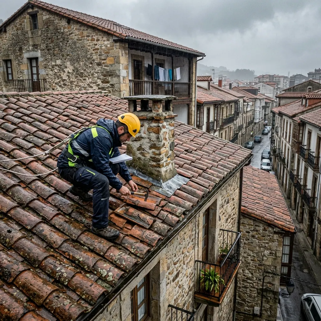 Tejado de teja curva en el Casco Viejo de Bilbao tras cambiar tejas y sellar la cumbrera