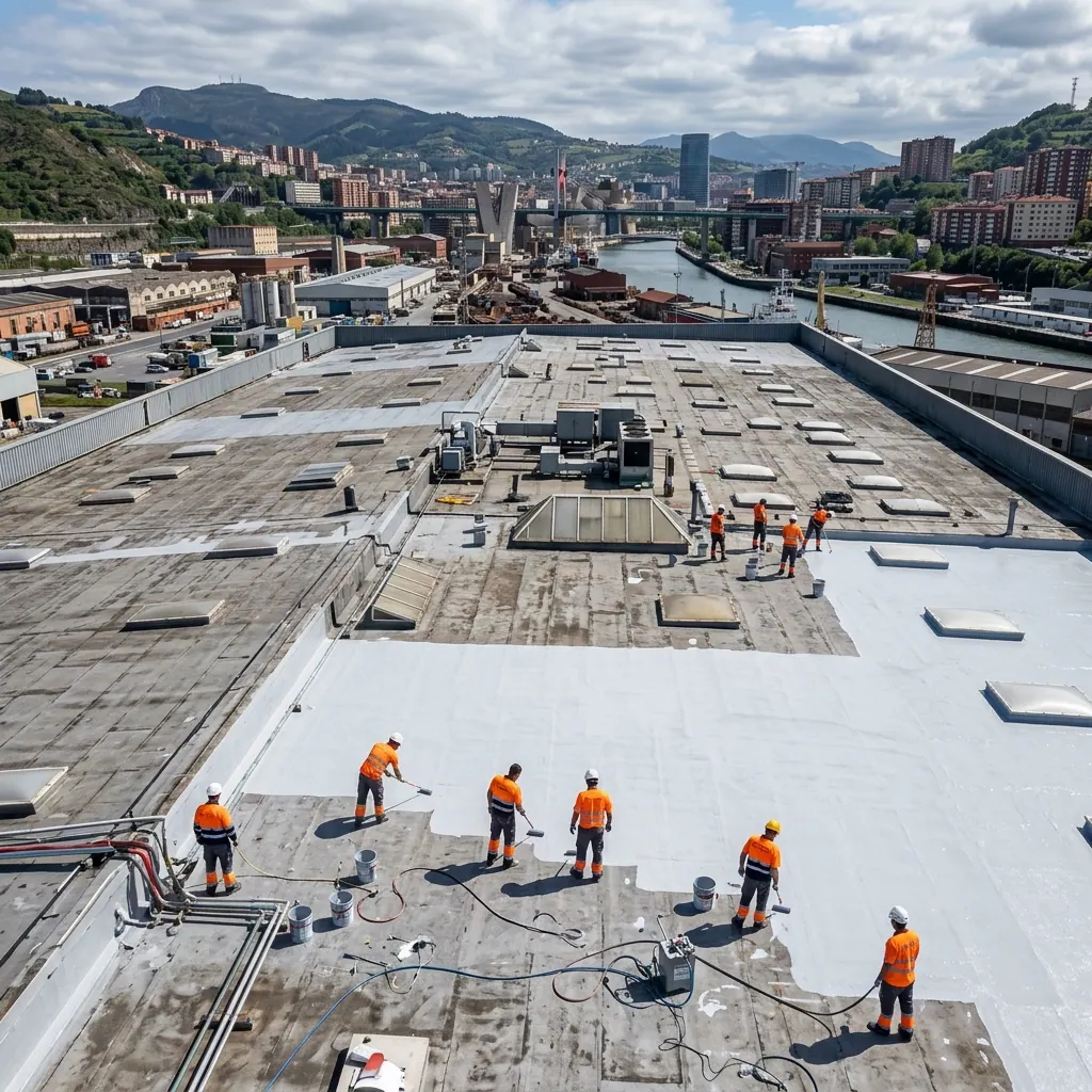 Cubierta de nave industrial impermeabilizada con poliurea proyectada en el polígono Ugaldeguren de Erandio